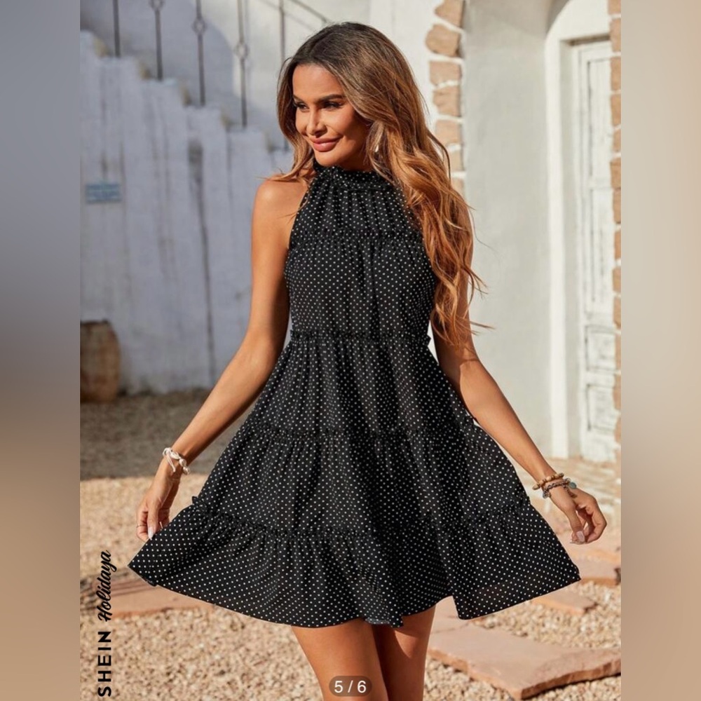 SHEIN Holidaya Polka Dot Frill Trim Ruffle Hem Halter Dress
